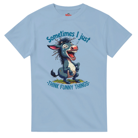 Light blue t-shirt with cartoon donkey and text on a white background