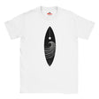 White t-shirt with a black wave design and 'Myts' logo on a white background