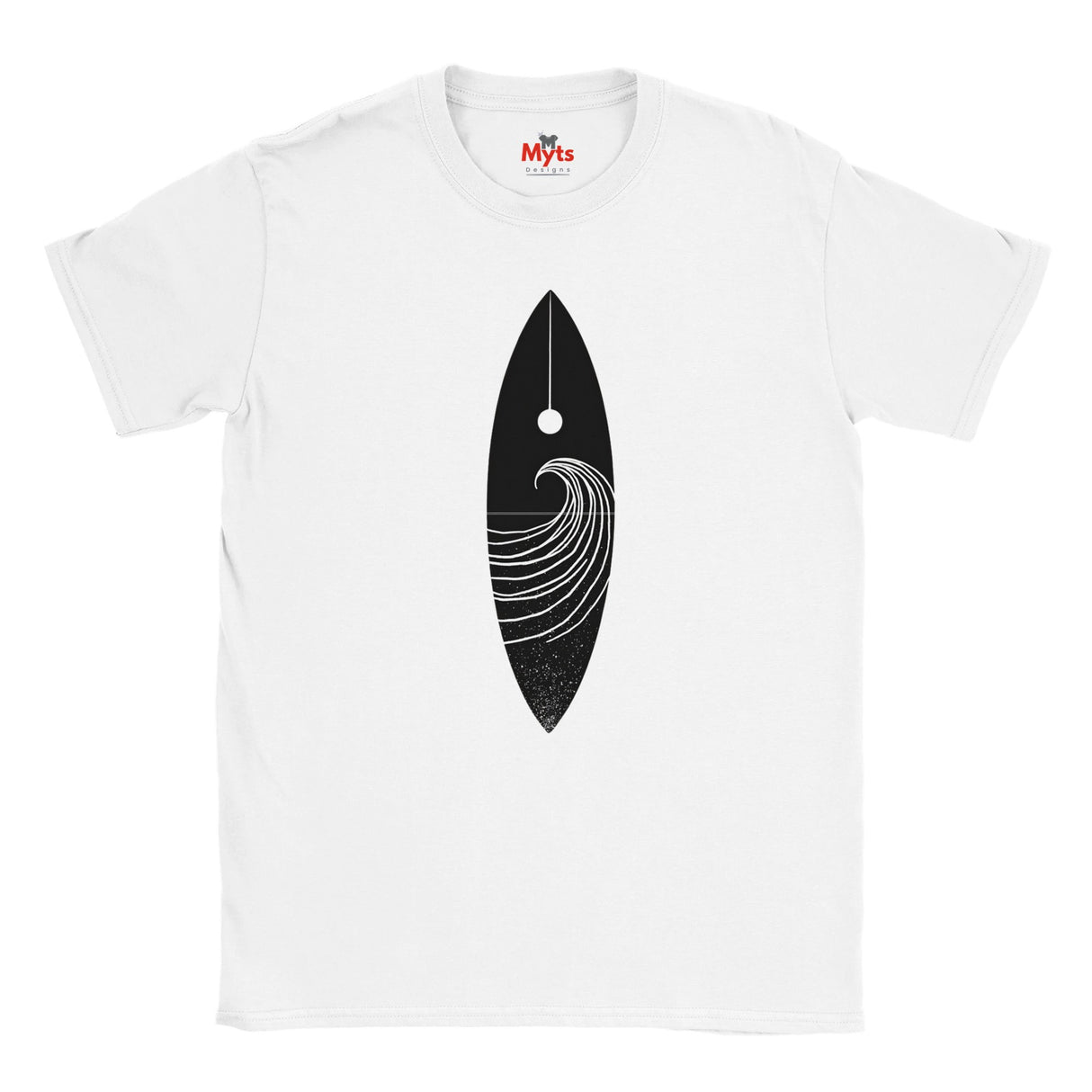 White t-shirt with a black wave design and 'Myts' logo on a white background
