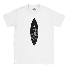 White t-shirt with a black wave design and 'Myts' logo on a white background