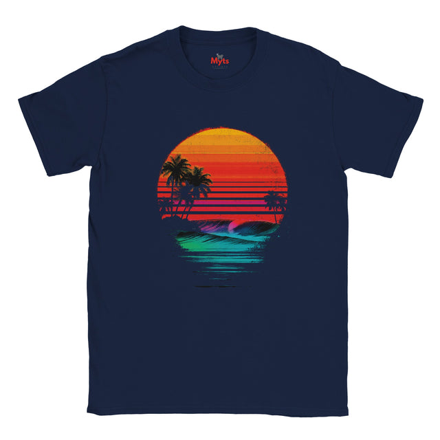 Navy blue t-shirt with a colorful sunset and palm tree design on a white background