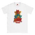A flat lay white T-shirt featuring a vibrant graphic of cartoon puppies stacked in red, orange, blue, and yellow hues, with the playful text “WOOF!” below the design.