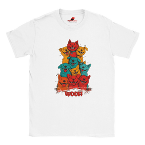 A flat lay white T-shirt featuring a vibrant graphic of cartoon puppies stacked in red, orange, blue, and yellow hues, with the playful text “WOOF!” below the design.