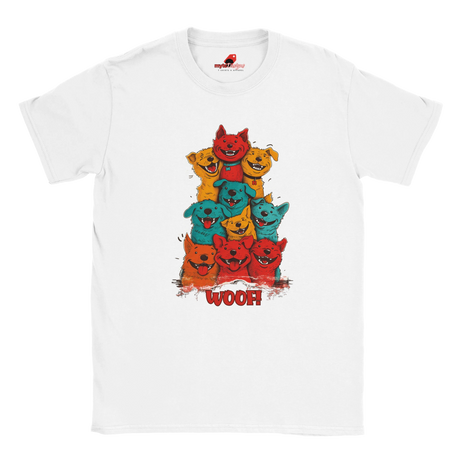A flat lay white T-shirt featuring a vibrant graphic of cartoon puppies stacked in red, orange, blue, and yellow hues, with the playful text “WOOF!” below the design.