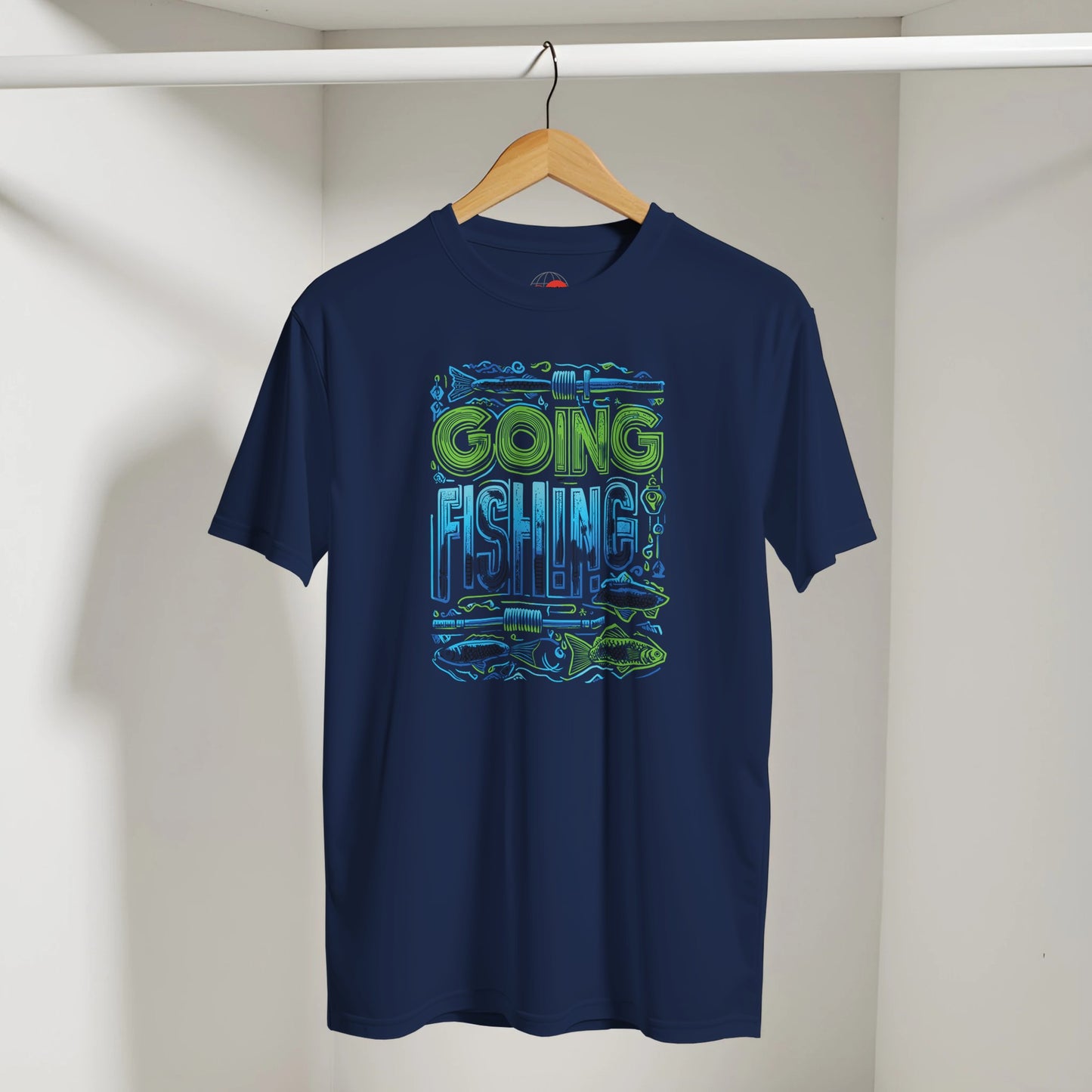 Navy blue t-shirt with 'Going Fishing' graphic on a hanger against a white background