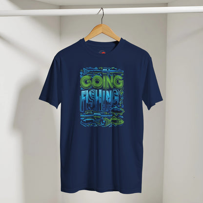 Navy blue t-shirt with 'Going Fishing' graphic on a hanger against a white background