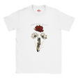 A white short-sleeve crewneck t-shirt featuring a graphic print of wild flowers and a feather on the front, with the text 'Wild Flower Spirit' and a red 'Myts' logo printed inside the collar.