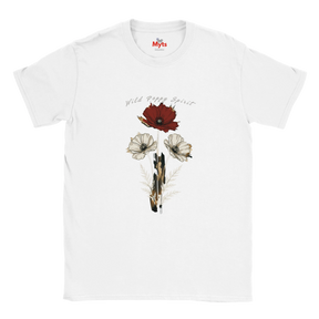 A white short-sleeve crewneck t-shirt featuring a graphic print of wild flowers and a feather on the front, with the text 'Wild Flower Spirit' and a red 'Myts' logo printed inside the collar.