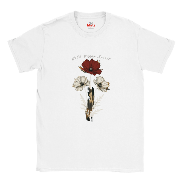 A white short-sleeve crewneck t-shirt featuring a graphic print of wild flowers and a feather on the front, with the text 'Wild Flower Spirit' and a red 'Myts' logo printed inside the collar.