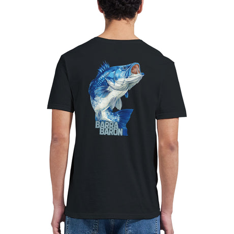 Black t-shirt with a blue fish graphic and 'Barra Baron' text on the back, worn by a person.