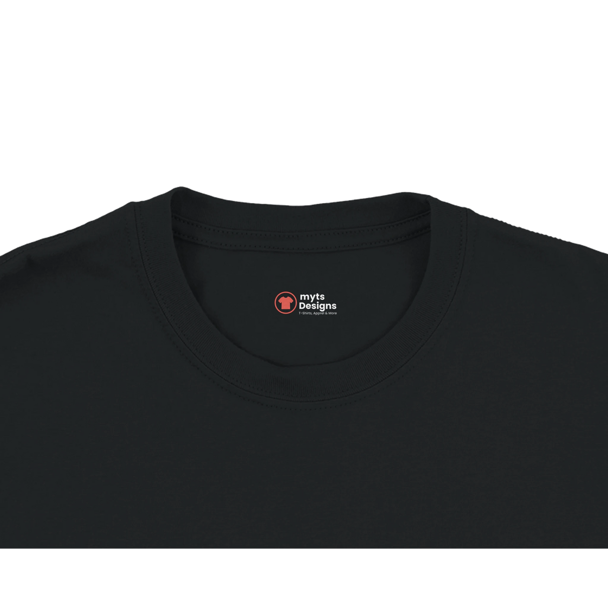 Black t-shirt with a logo on a white background