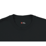 Black t-shirt with a logo on a white background