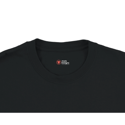 Black t-shirt with a logo on a white background