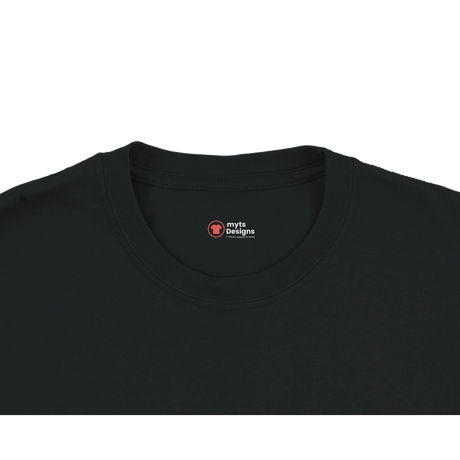Black t-shirt with a logo on a white background