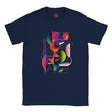 Navy blue t-shirt with a colorful geometric design on a white background