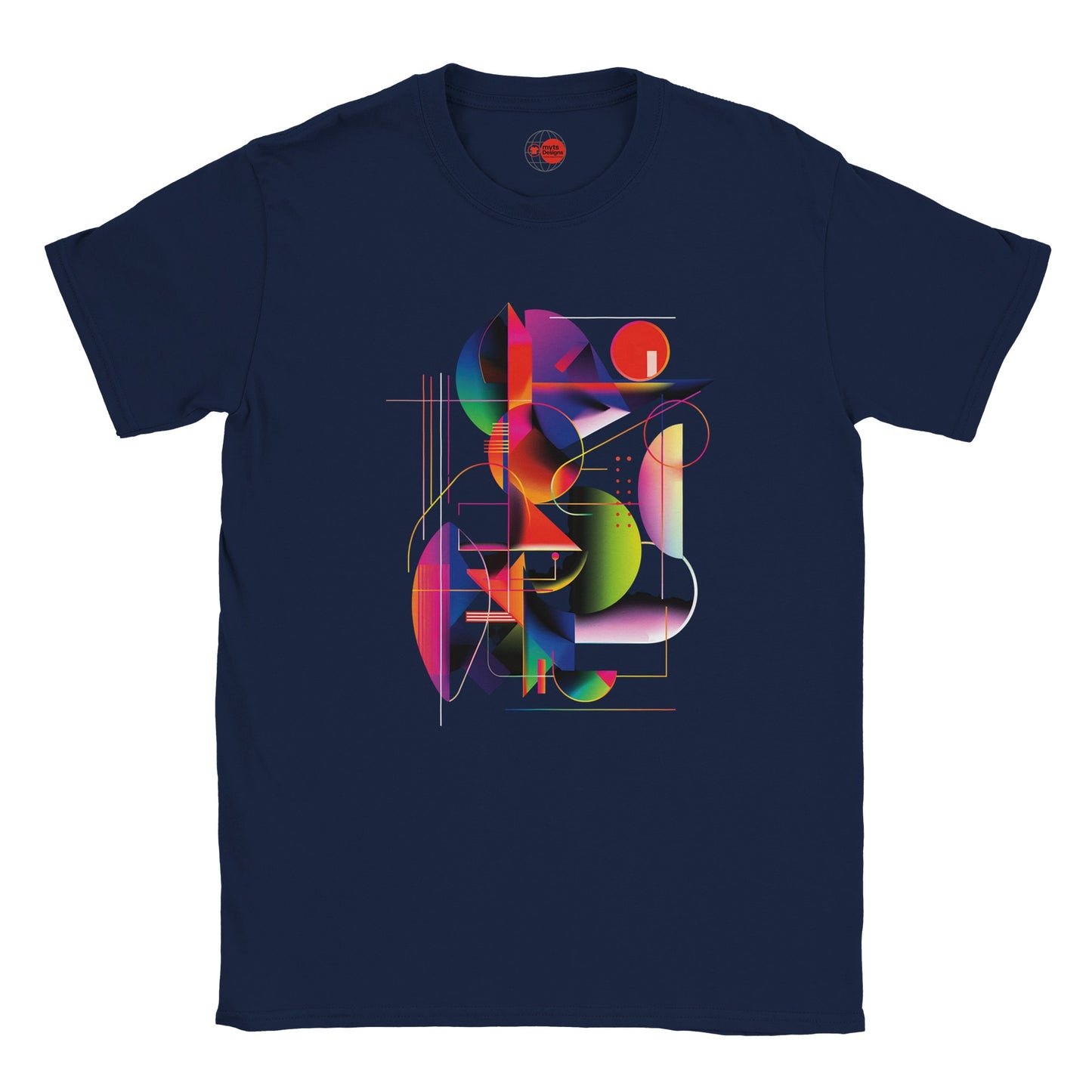 Navy blue t-shirt with a colorful geometric design on a white background