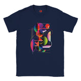 Navy blue t-shirt with a colorful geometric design on a white background