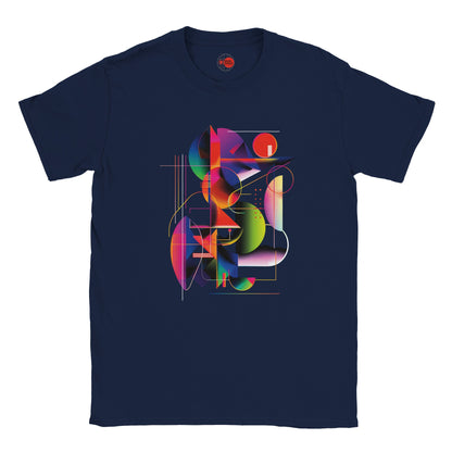 Navy blue t-shirt with a colorful geometric design on a white background
