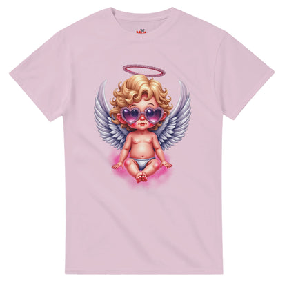 Pink t-shirt with a cartoon angel design on a white background