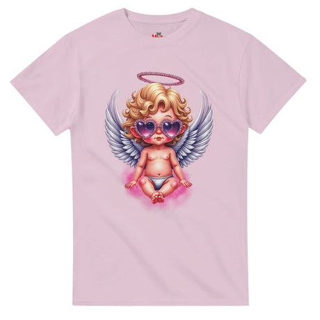 Pink t-shirt with a cartoon angel design on a white background