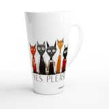 A white ceramic latte mug featuring a graphic of five stylized cats in red, black, and orange outfits, with the text 'YES PLEASE' printed below them.