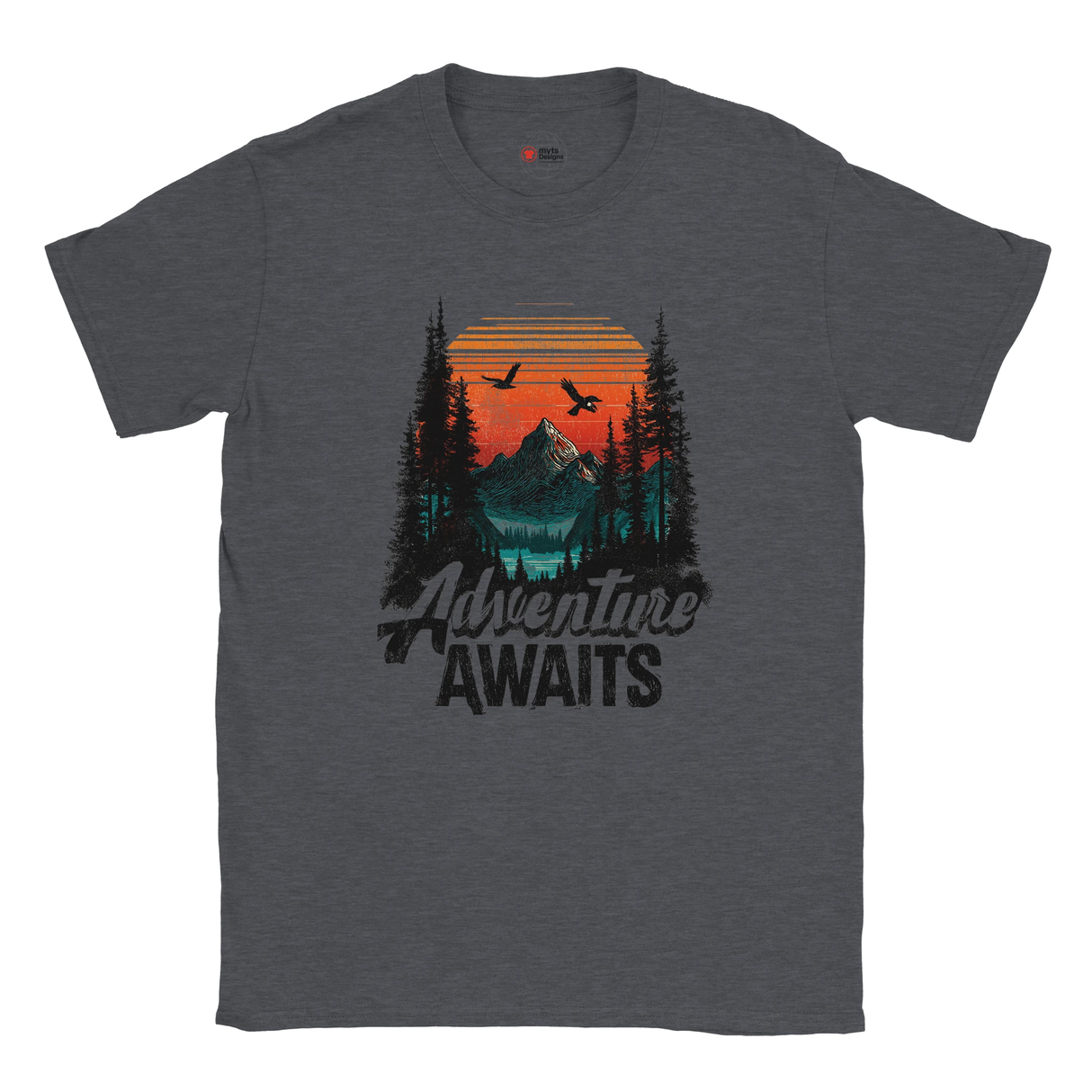 Gray t-shirt with 'Adventure Awaits' graphic design featuring a mountain and trees.