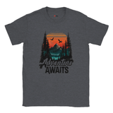 Gray t-shirt with 'Adventure Awaits' graphic design featuring a mountain and trees.