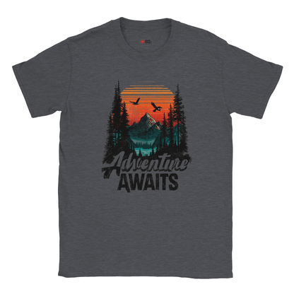 Gray t-shirt with 'Adventure Awaits' graphic design featuring a mountain and trees.