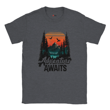 Gray t-shirt with 'Adventure Awaits' graphic design featuring a mountain and trees.