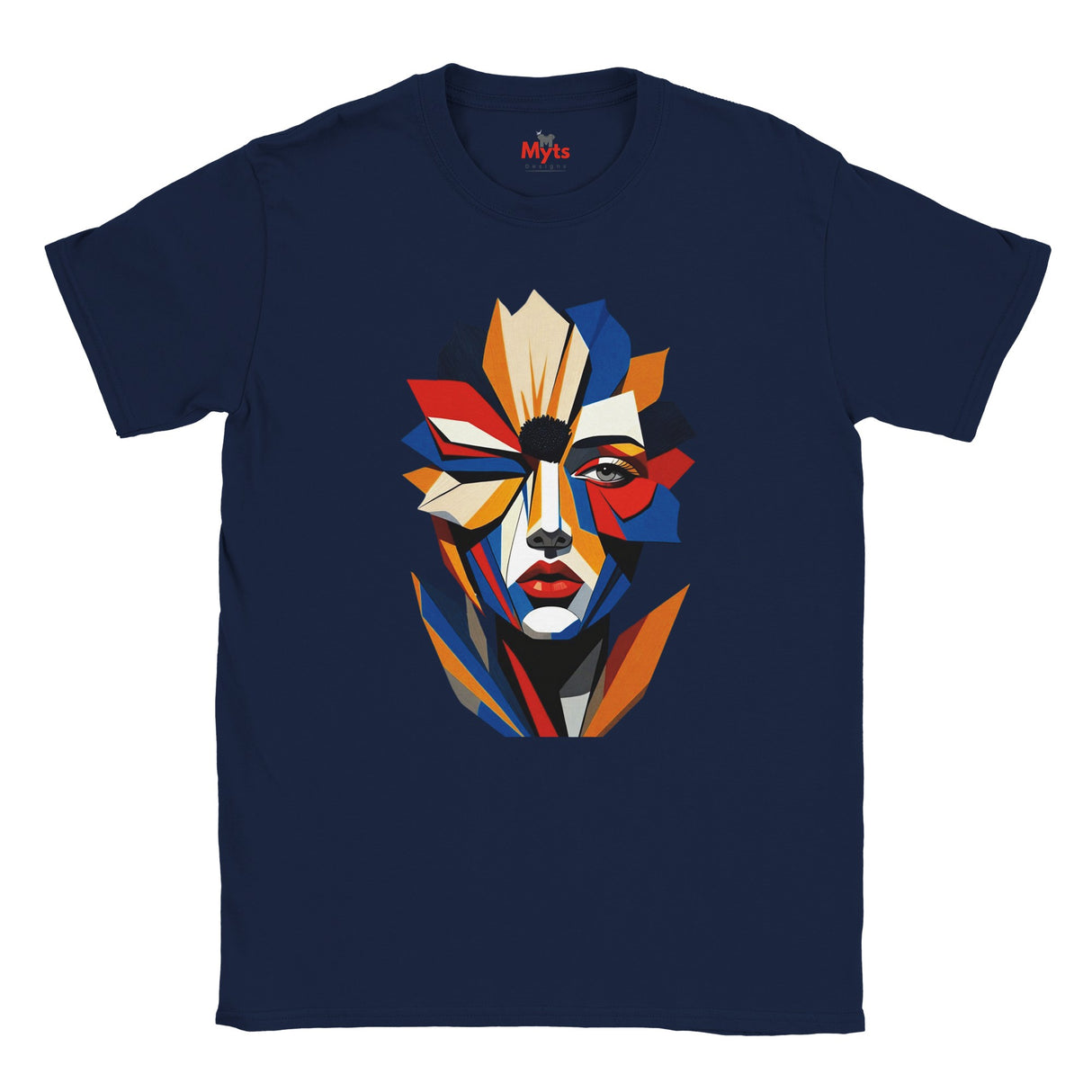 Abstract Geometric Face T-Shirt in Navy — bold geometric portrait art graphic tee by Mytsdesigns