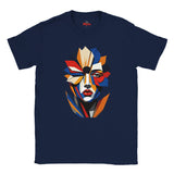Abstract Geometric Face T-Shirt in Navy — bold geometric portrait art graphic tee by Mytsdesigns