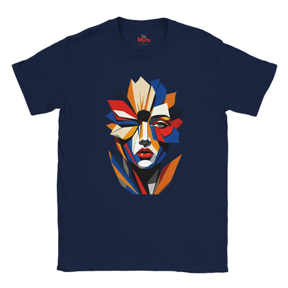 Abstract Geometric Face T-Shirt in Navy — bold geometric portrait art graphic tee by Mytsdesigns