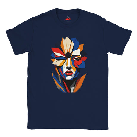 Abstract Geometric Face T-Shirt in Navy — bold geometric portrait art graphic tee by Mytsdesigns