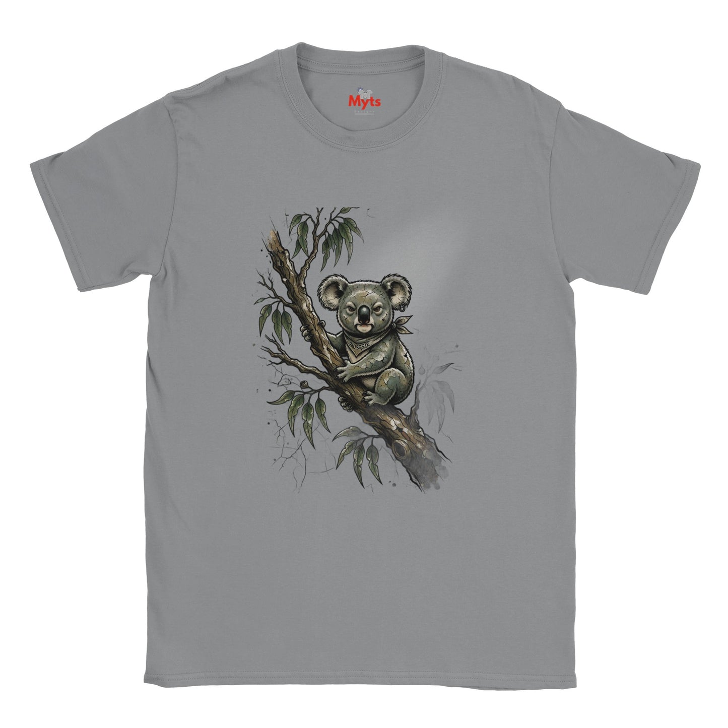 A gray short-sleeve crewneck t-shirt featuring a detailed graphic of a koala sitting on a eucalyptus branch on the front. The brand name 'Myts' is printed in red inside the collar.