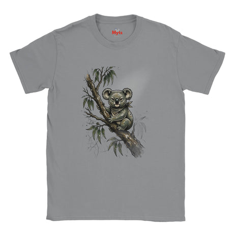 A gray short-sleeve crewneck t-shirt featuring a detailed graphic of a koala sitting on a eucalyptus branch on the front. The brand name 'Myts' is printed in red inside the collar.