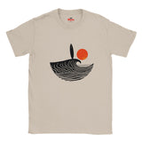 Natural t-shirt with a graphic design of a wave and sun on a white background