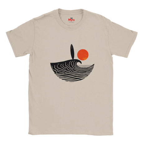 Natural t-shirt with a graphic design of a wave and sun on a white background
