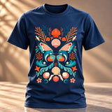 Navy blue crew-neck T-shirt with front-centred dolphin butterfly artwork in turquoise, orange and pink.e1