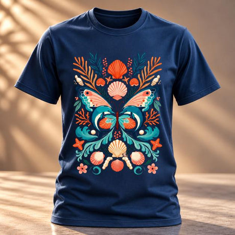 Navy blue crew-neck T-shirt with front-centred dolphin butterfly artwork in turquoise, orange and pink.e1