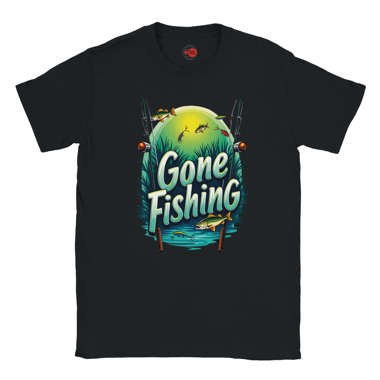 Black t-shirt with 'Gone Fishing' graphic design on a white background