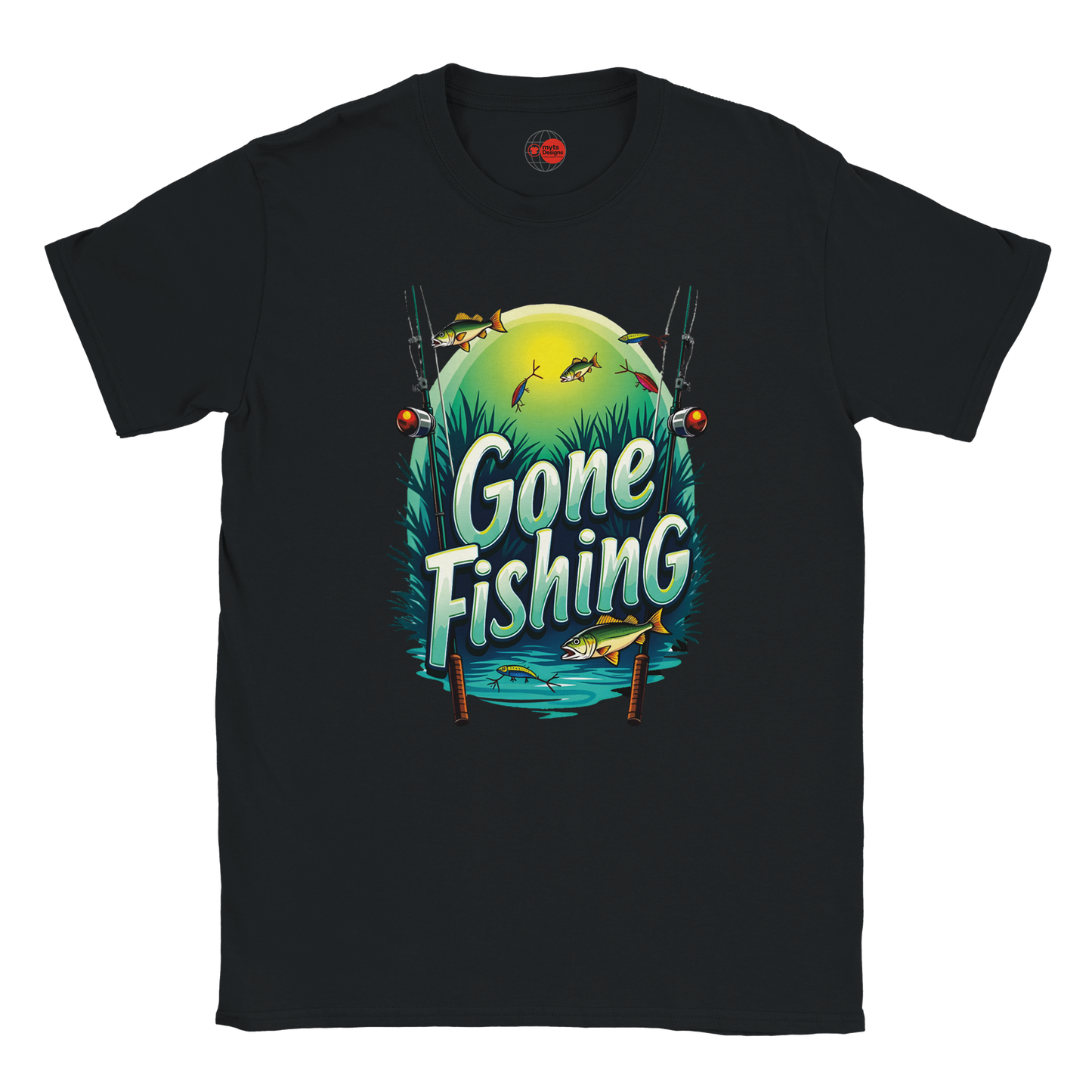 Black t-shirt with 'Gone Fishing' graphic design on a white background
