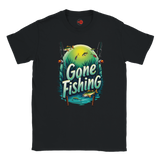 Black t-shirt with 'Gone Fishing' graphic design on a white background
