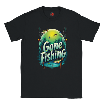 Black t-shirt with 'Gone Fishing' graphic design on a white background