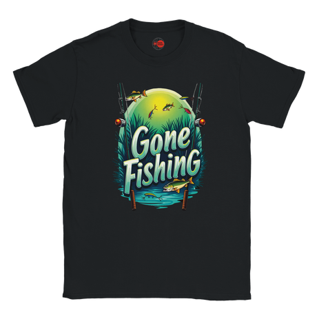 Black t-shirt with 'Gone Fishing' graphic design on a white background