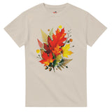 Sand t-shirt with a colorful leaf design on a white background