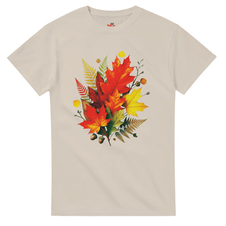 Sand t-shirt with a colorful leaf design on a white background