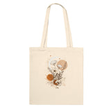 Beige tote bag with floral design on a white background