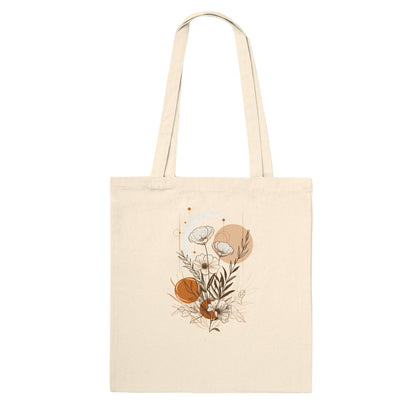 Beige tote bag with floral design on a white background