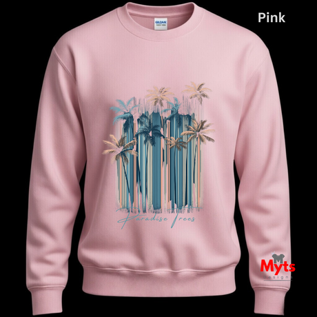 Pink sweatshirt with palm tree design and 'Paradise Found' text on a black background