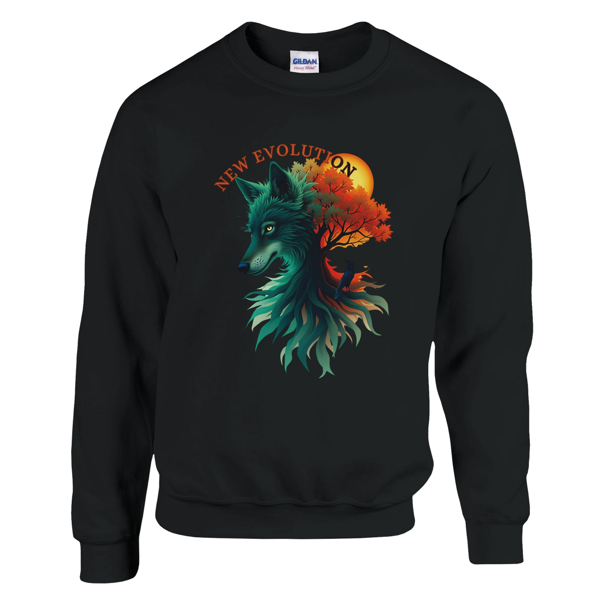 A black crewneck sweatshirt featuring a colorful graphic of a wolf and tree with the text 'NEW EVOLUTION' on the front, set against a plain white background.
